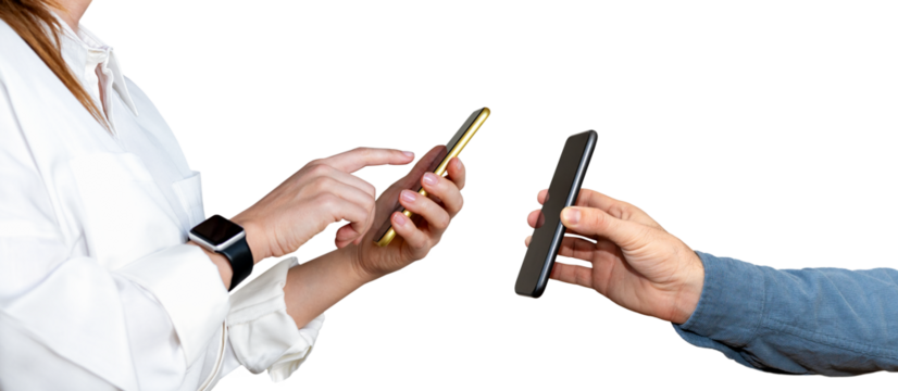 Mobile phones in hands of people on white background. Mobile payment technology. Scanning QR-codes. Near Field Communication.