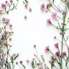 Vibrant pink wildflowers arranged in a delicate floral composition on a pristine white background, captured from a top view with ample blank space for text or design. Perfect for nature-inspired theme