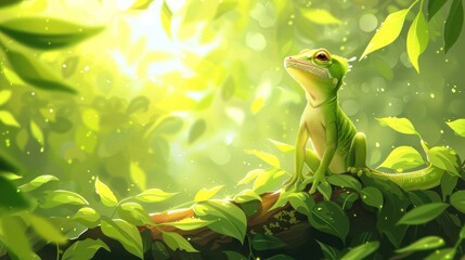 A vibrant green lizard perched among lush leaves, basking in soft sunlight.