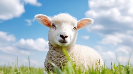 Obraz premium Adorable fluffy sheep gazing at the camera while standing on a lush green field under bright blue sky : Generative AI