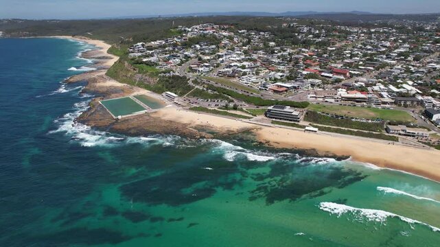 Merewether Ocean Baths With Beach In New South Wales, Australia - Aerial Drone Shot