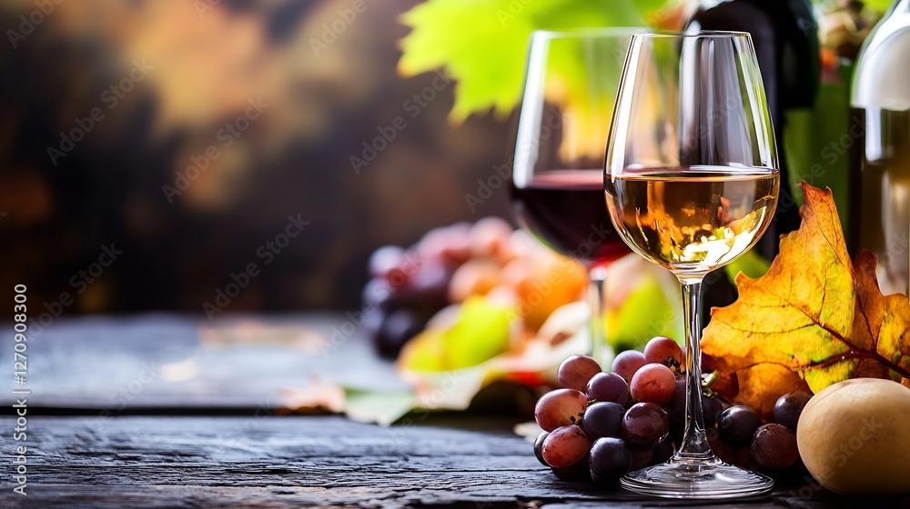 Poster elegant display of white and red wine glasses with autumn fruits and leaves in warm lighting : gener