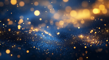 Obraz premium Golden Glitter and Bokeh Lights on Deep Blue Background – Perfect for Luxury, Celebrations, and Festive Designs