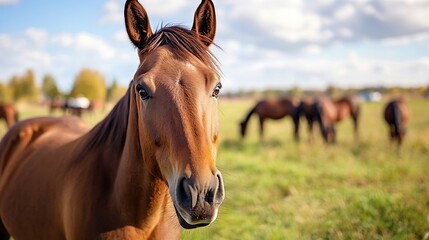Obraz premium Closeup portrait of a beautiful horse gazing curiously in a lush green pasture : Generative AI