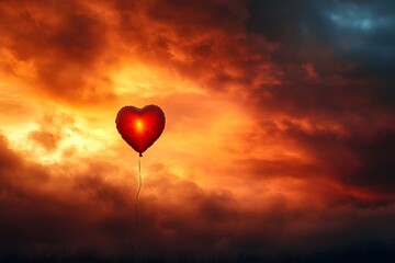 Fototapeta premium Heart-Shaped Balloon at Dramatic Sunset - Romantic Love Symbol Against Fiery Sky