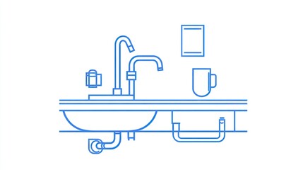 Obraz premium Kitchen sink plumbing diagram, minimalist design, illustration
