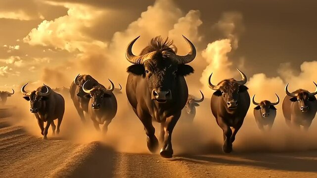 A herd of buffalo charging through a dusty landscape at sunset, creating a dramatic scene.