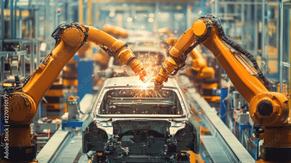 Poster a fully automated car factory featuring synchronized robots assembling vehicle parts.