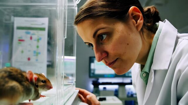 Scientist observes mouse in lab experiment with detailed focus and curiosity