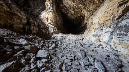 Dark and Mysterious Cave Interior with Stony Ground and Natural Light Filtering Through : Generative AI