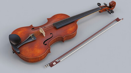 Fototapeta premium Classic wooden violin with a bow resting elegantly beside it on a neutral background