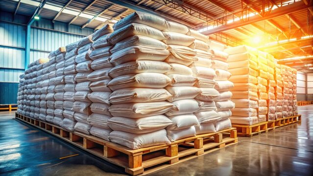 Surreal Warehouse Scene: Stacked Fertilizer Sacks Awaiting Shipment - AI Generated Photo