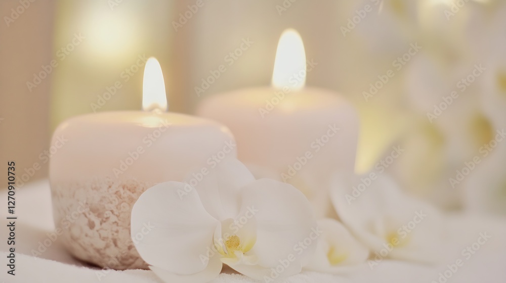 Aufkleber Two elegant candles glowing softly with white orchids creating a warm and inviting ambiance for relaxation : Generative AI