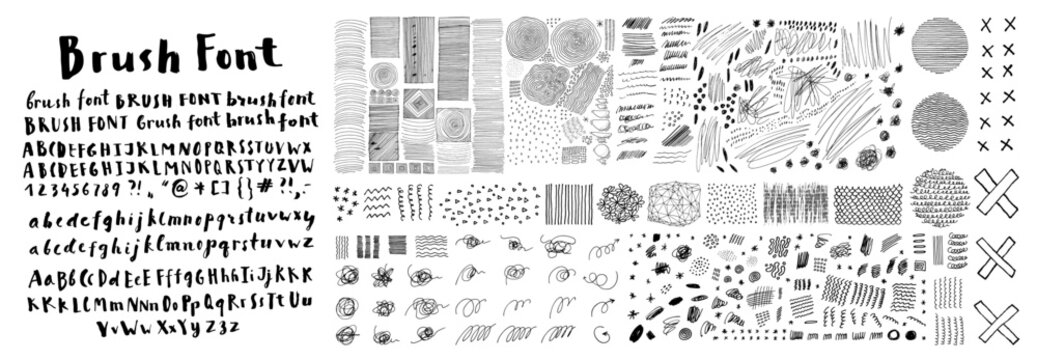 Hand drawn brush font. Grungy childish handwritten script alphabet with many variations of letters. Vector creative hand writing, pen scribble scratches. Squiggle school doodles, symbols and textures