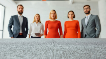 Fototapeta premium A group of five professionals stands confidently in a modern office, showcasing a mix of formal attire and bold colors, with a focus on teamwork and collaboration.