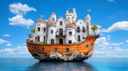 Obraz premium Enchanting Floating House on a Ship in Tranquil Waters Under a Bright Blue Sky