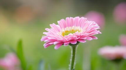 Beautiful blooming pink gerbera daisy surrounded by soft green foliage in natural garden setting : Generative AI