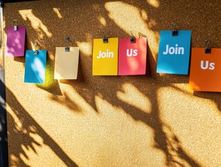 Job listings integrated into a corkboard display. Featuring colorful flyers with "Join Us" text and bold typography