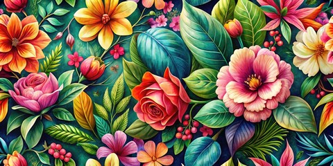 Fototapeta premium Tilt-Shift Watercolor Leaves & Flowers: Vibrant Seamless Pattern, High-Resolution Botanical Art