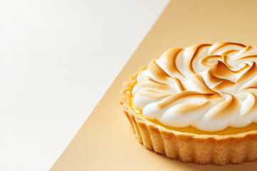 The lemon meringue tart is a modern culinary masterpiece with vibrant lemon filling and fluffy meringue peaks. Its sleek design and bold contrasts create a gourmet visual delight.