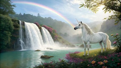 A mystical unicorn with a sparkling mane standing by a waterfall under a rainbow.