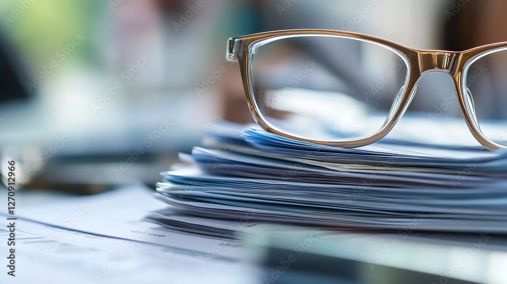 Aufkleber Close Up of Glasses Resting on a Stack of Papers in an Office Setting Indicating Hard Work and Focus : Generative AI