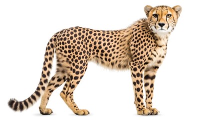 Majestic cheetah standing full body portrait powerful wild cat predator wildlife natural spotted pattern feline species african animal conservation concept isolated on white background