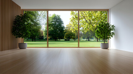 Contemporary Home Interior With Large Windows And Garden View