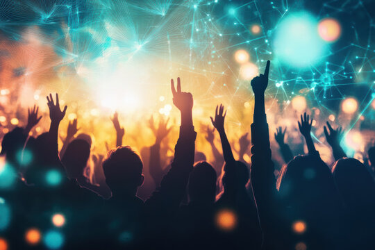 Silhouettes of a jubilant crowd with raised hands against a futuristic, illuminated sky. Holographic lights and digital patterns create an energetic celebration atmosphere.
