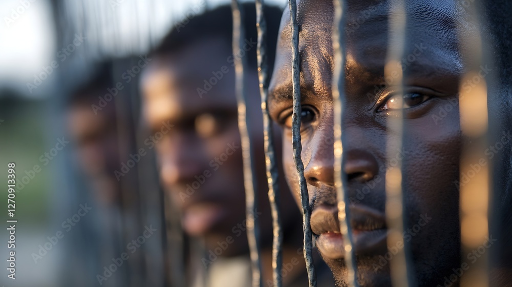Poster closeup of a pensive man behind barbed wire expressing depth of emotion in his eyes : generative ai