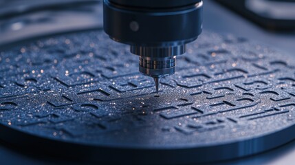 A high-resolution close-up of a CNC laser precisely etching numbers onto metal parts.