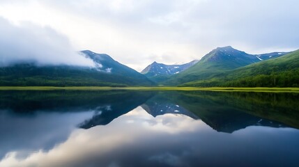 Panoramic view of a serene lake reflecting majestic mountains under a soft cloudy sky in the morning light : Generative AI