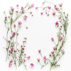 Vibrant pink wildflowers arranged in a delicate floral composition on a pristine white background, captured from a top view with ample blank space for text or design. Perfect for nature-inspired theme