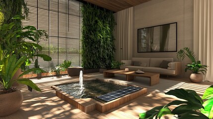 A high-tech sustainable living room with solar-powered curtain blinds