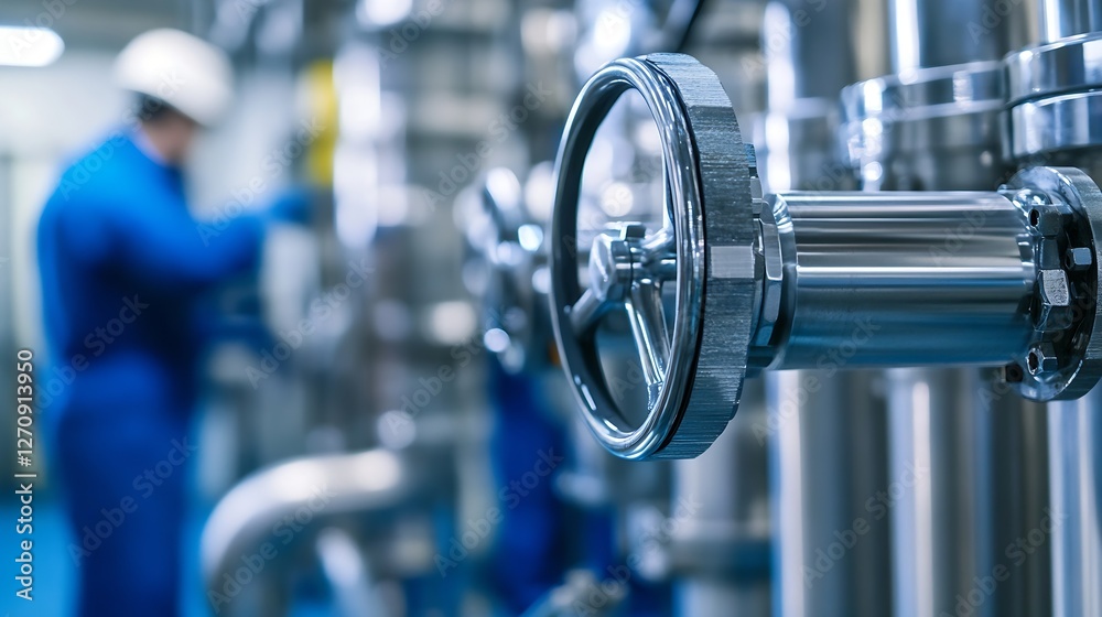 Poster industrial scene showcasing a valve with a technician working in the background : generative ai