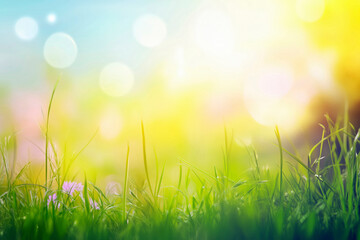 Fototapeta premium Close-up of fresh spring green grass with a beautifully blurred background, emphasizing the vivid colors and serene atmosphere.
