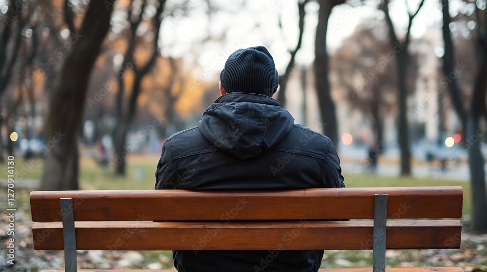 Poster Man in a black jacket seated on a bench in a park filled with autumn colors around him : Generative AI