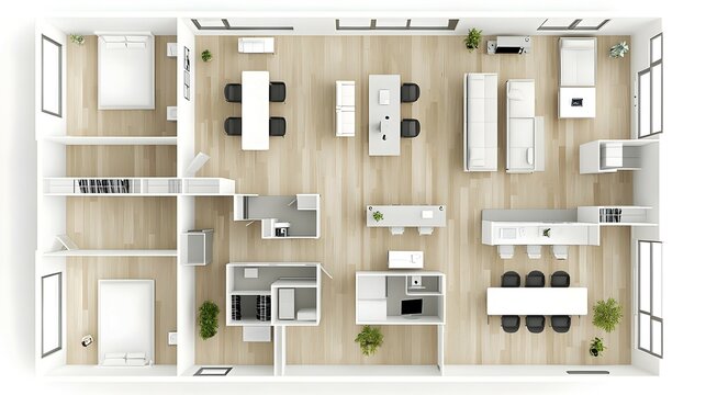 Modern Open Concept Apartment Floor Plan with White and Wood Interior Design
