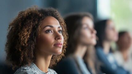 Fototapeta premium Focused eyes of an engaged audience member during an informative presentation in a modern conference room