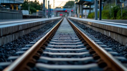 Fototapeta premium Close Up View of Train Tracks at Sunrise with Soft Lighting and Pebbles : Generative AI