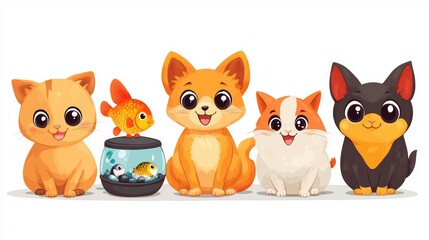 Obraz premium A group of various pets, including a cat, dog, rabbit, mouse, chinchilla, guinea pig, bird, and fish, on a white background with space for text