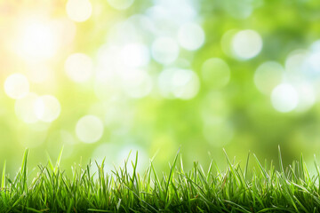 Spring summer background with frame of grass and leaves on nature. Juicy lush green grass on meadow in morning sunny light outdoors.