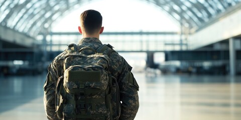 Soldier waiting at an airport, possibly about to deploy or return from a mission.