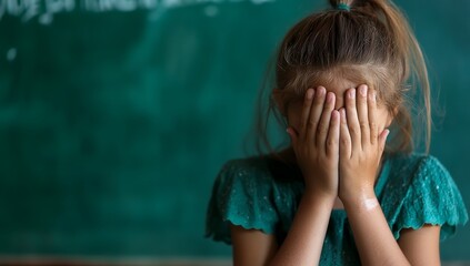 A young girl hides her face in her hands near a green chalkboard, conveying sadness or distress