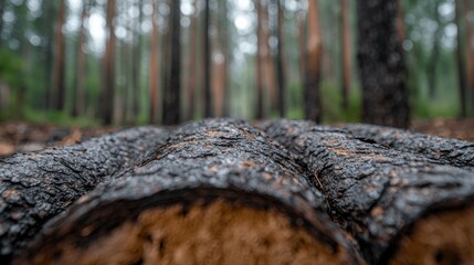 Fototapeta premium Wet bark on a fallen pine tree log lies in a misty forest during daytime.