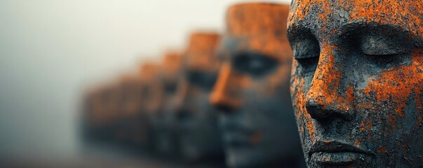 Acid rain climate change idea. An artistic representation of emotion through sculpted humanoid faces.