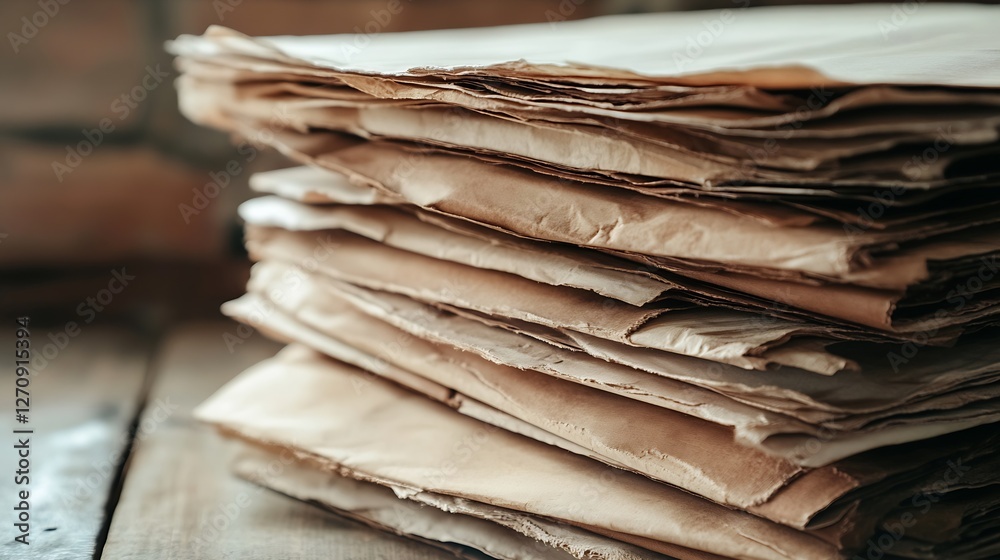 Aufkleber Neatly stacked old papers forming an intriguing texture against a rustic backdrop : Generative AI