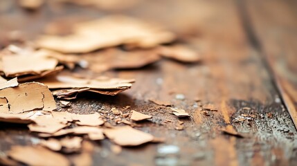 Fine detail of wooden floor covered with layers of natural wood shavings and flakes : Generative AI
