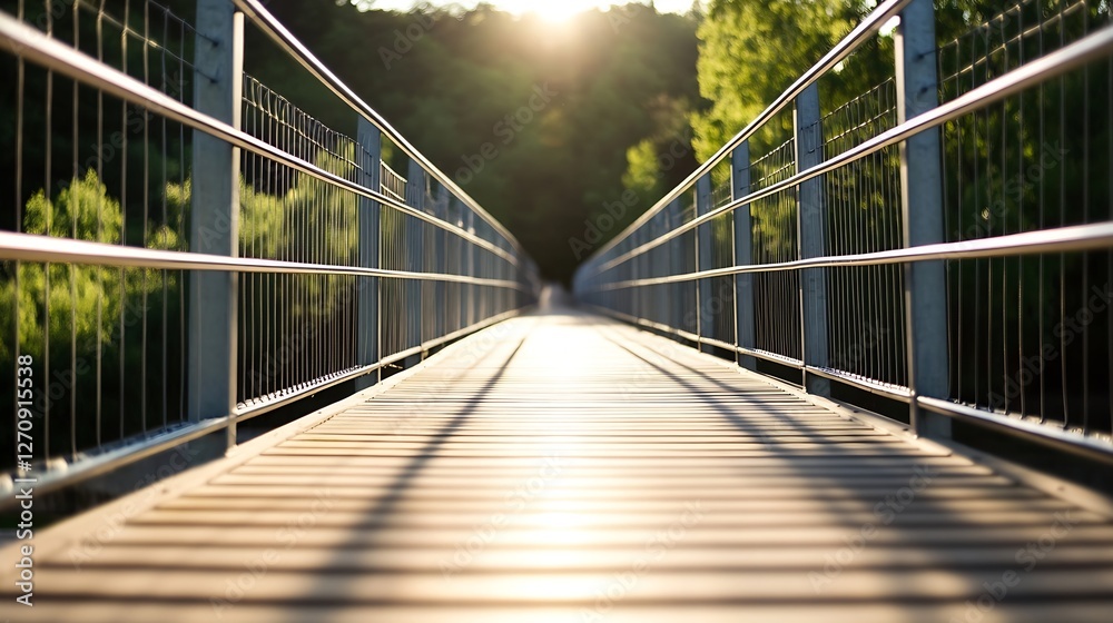 Poster perspective view of wooden bridge in nature with sunlight : generative ai