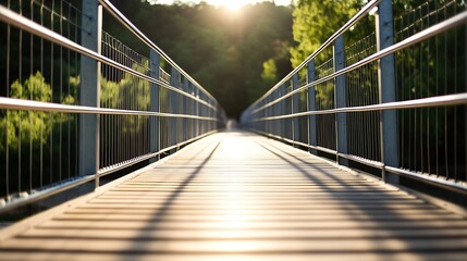 Perspective View of Wooden Bridge in Nature with Sunlight : Generative AI